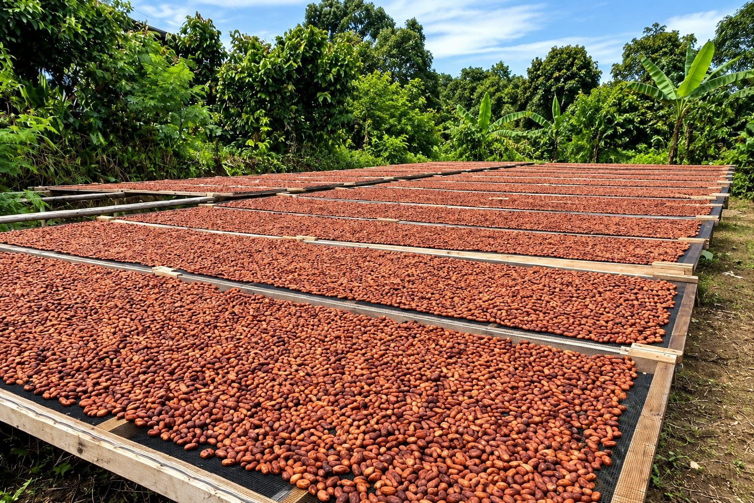 Indonesian cocoa beans drying on raised beds