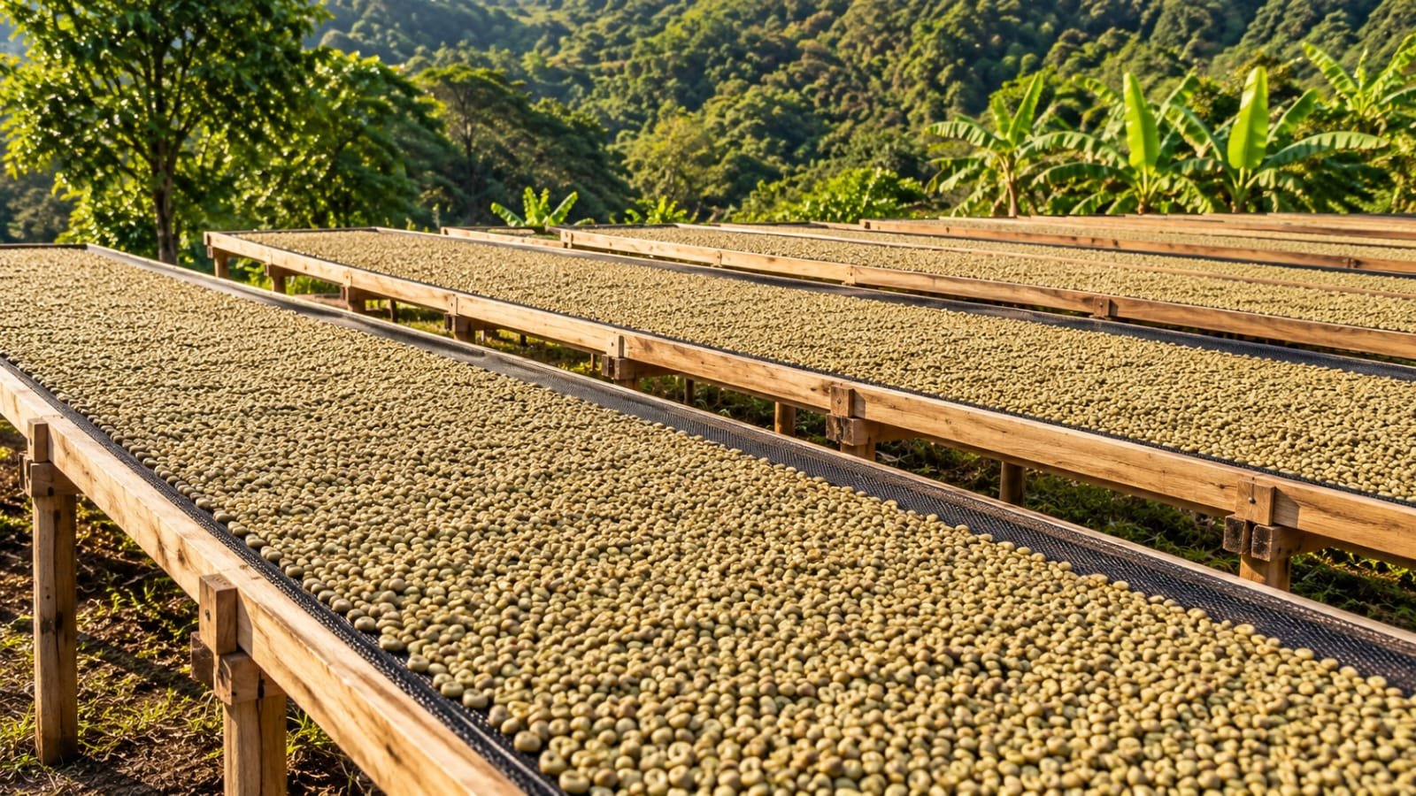 Indonesian green coffee beans drying on raised beds